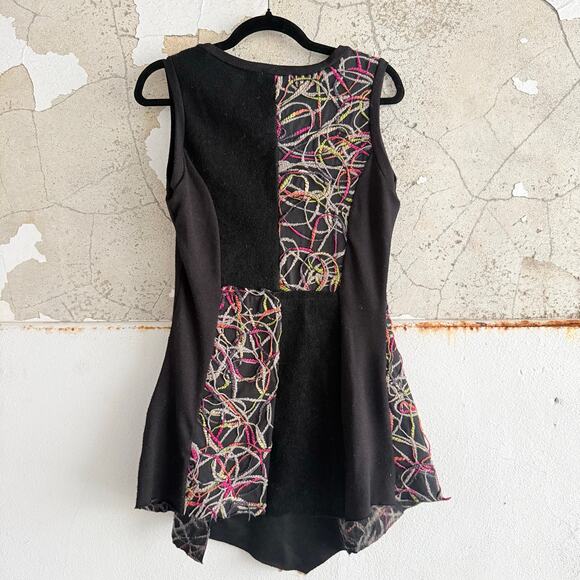 Boho Dress‎ Embroidered Asymmetrical Knit Tunic Black Sleeveless Artsy Y2K Small - Picture 3 of 6